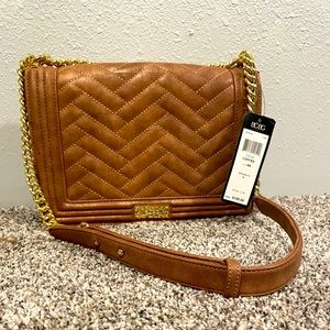BCBG Purse Leather Shoulder Bag Brown Tan Gold Coffee Size NS